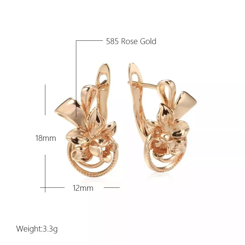 Glossy long drop Women Earrings 585 Rose Gold Metal Flower Girl