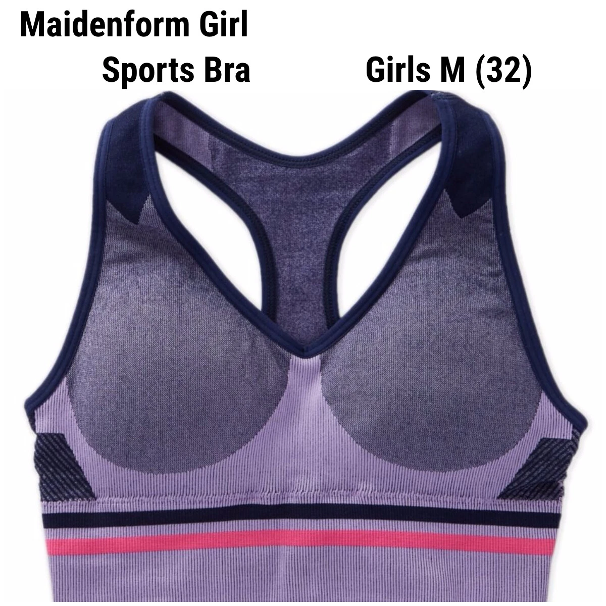 New Maidenform Girl Sports Bra Seamfree Medium 32 Racerback Purple Pink  Padded