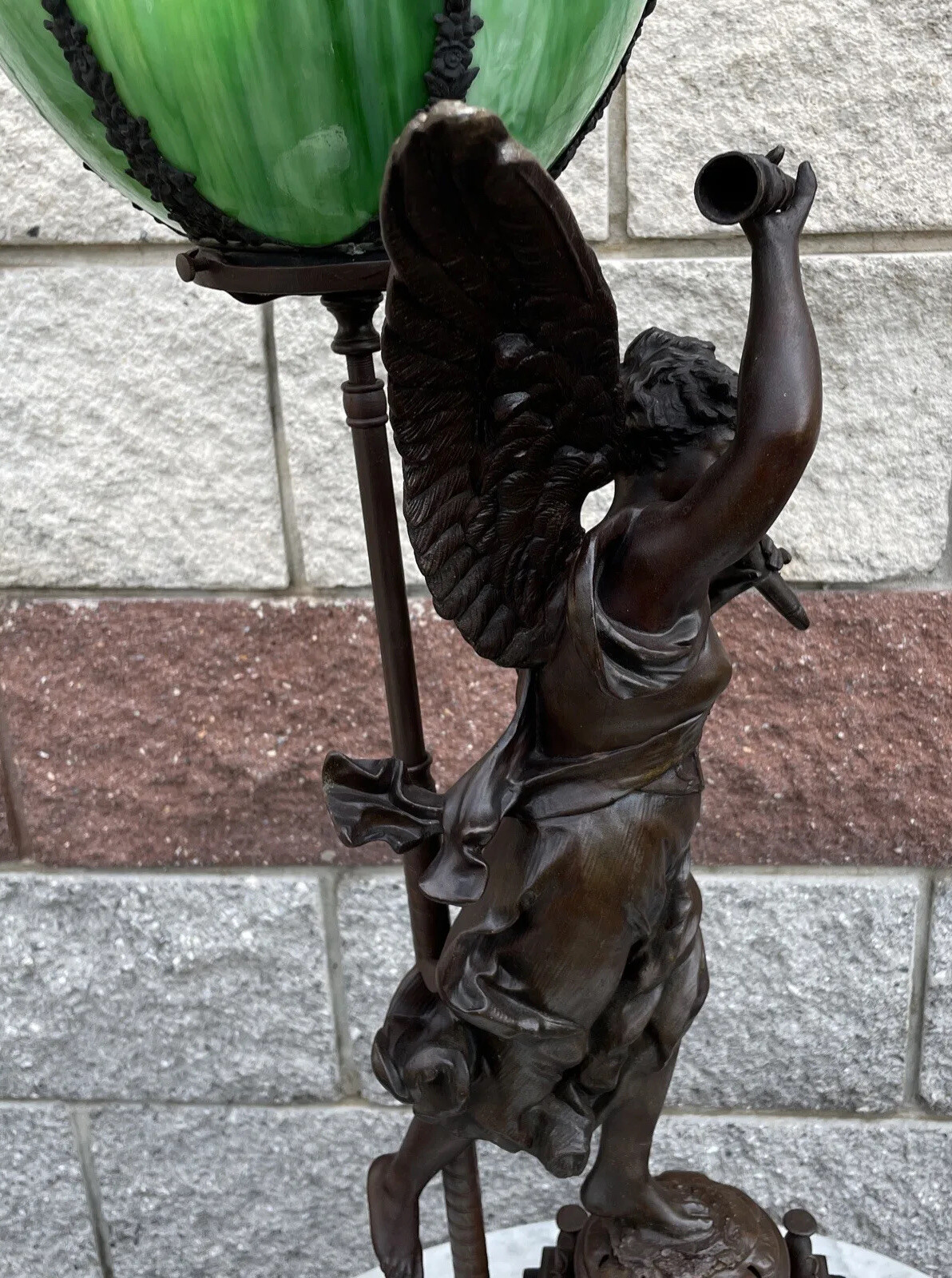 Antique Angel Oil Lamp Converted To Electric W/large Slag Glass Shade