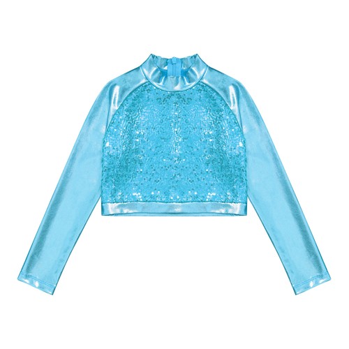 Girls Metallic Sequins Crop Top Long Sleeve Shirt Turtleneck Hip Hop Dance Tops - Picture 60 of 86