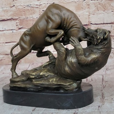 Stock Market Bull vs Bear Bronze Sculpture Marble Base Statue Decor Gift Signed