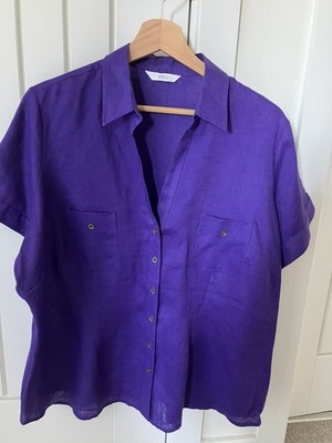 Marks and Spencers Size 20 Pure Linen Purple Short Sleeve Blouse