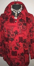 Vtg 50s 60s Red Gold Hibiscus Tiki Totem God Print Hawaiian Blouse Long Shirt L