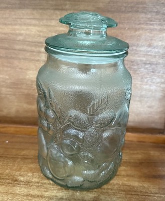 Vintage Libbey Orchard Fruit Canister Jar Green Embossed 9'' Tall with Lid & Seal
