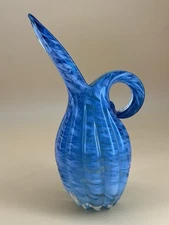 Spectacular MCM Murano-Style Blue and White Swirled Art Glass Pitcher or Vase