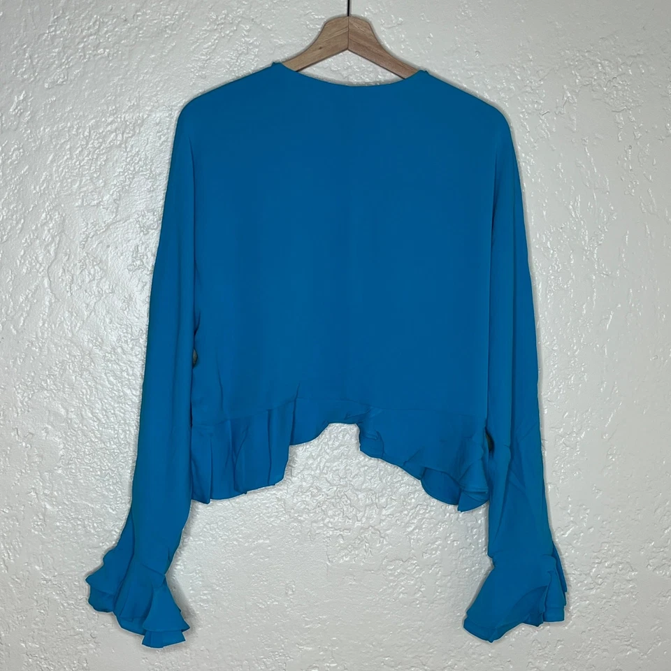 Blazer ligero Marc Bouwer para mujer azul seda con volantes frente abierto nuevo con etiquetas grande Foto 2 de 4