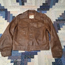 Vintage Berman Genuine Brown Leather Trucker Jacket Size 38 Snap Close