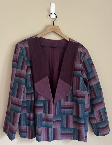 Vintage Stepp Patchwork Jacke Mantel lila blau Handarbeit XL 14 16 80er 90er