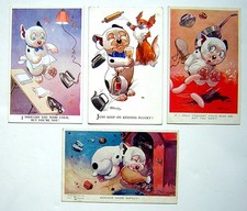 4 Valentine's BONZO Postcards. 3 Sad / Flat Irons; 1 Electric; Trivet. G Studdy