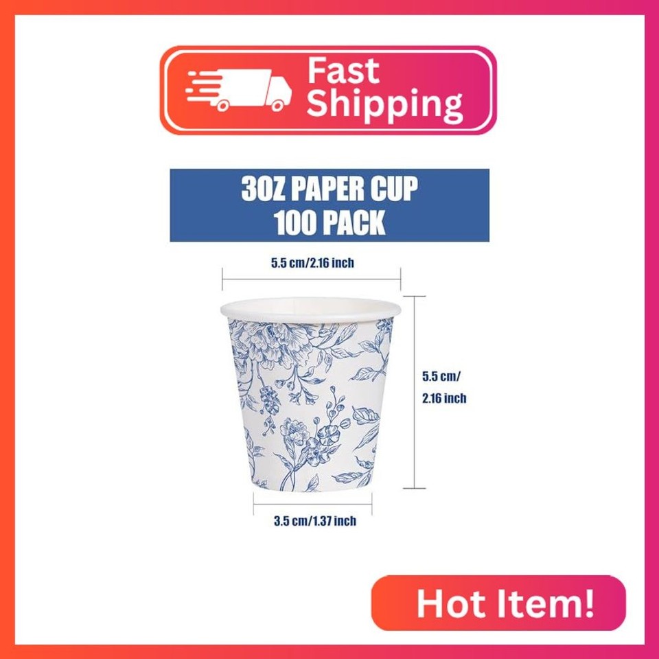 WRAPAHOLIC 3oz Toile Blue Floral Bathroom Cups - 100 Pack Small Paper ...