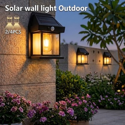 Solar wall light Outdoor, 2/4PACK,,tungsten filament lamp，3Modes, 180° Motion