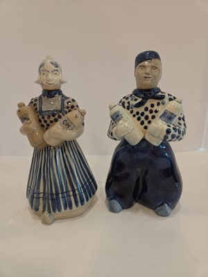 Delft Blauw Empty Liquor Decanters Figurines Handpainted Gin Pair Man And Woman