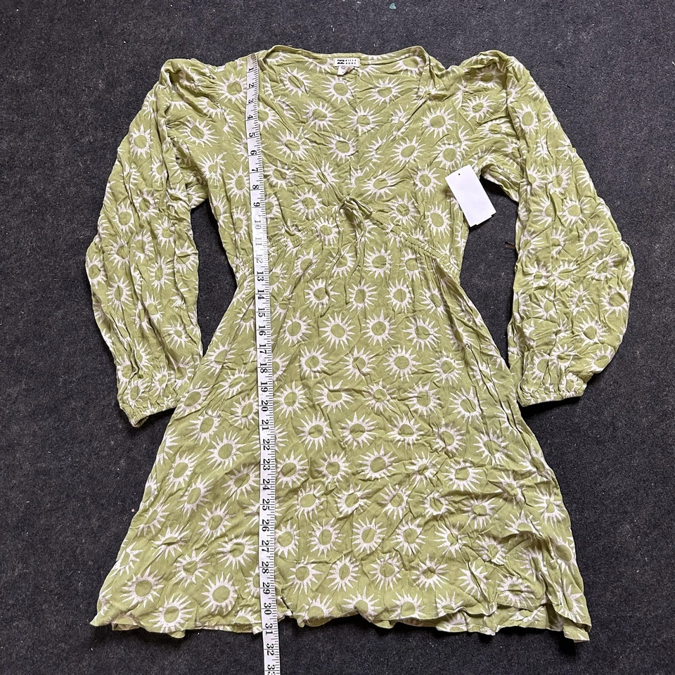 Vestido Billabong Mujer M Verde Blanco Sunburst Boho Mini Viscosa Manga Larga Foto 2 de 4