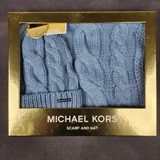 Michael Kors Scarf And Hat Set Womens One Size Blue Cable Knit Gift Boxed