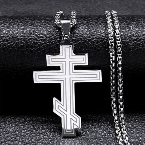 Orthodox Cross Necklace Byzantine Memorial Stainless Steel Plain Irregular - Picture 1 of 6