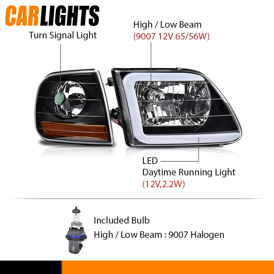 Fits 1997-2004 F150 Expedition Black LED Tube Headlights & Corner Parking Lights Foto 4 de 4