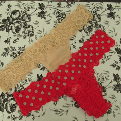 New 2 Pairs Victorias Secret Panties S Small Beige Red Lace String Thong