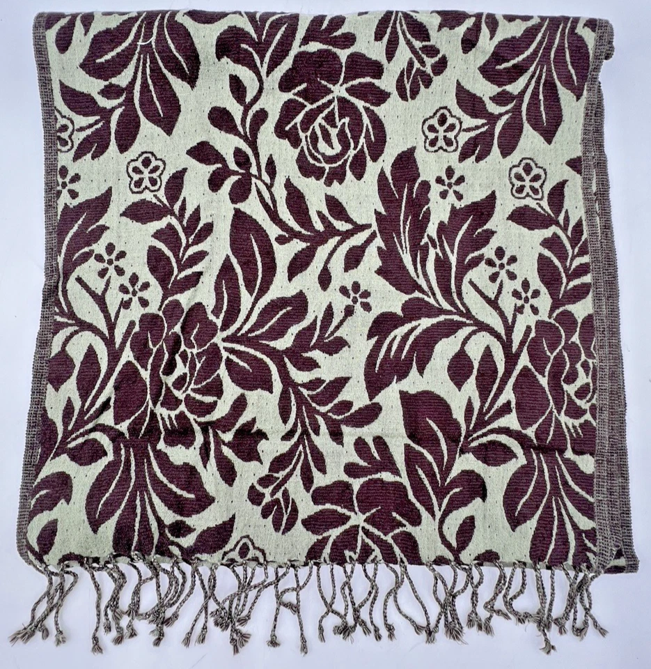 BUFANDA MUJER ACEITOSA LANA/VISCOSA MARRÓN Y VERDE FLORES 54" X 19,5" Foto 2 de 4