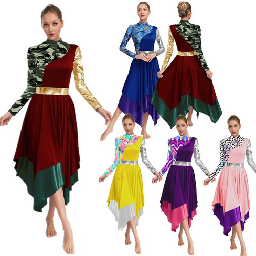 Women Lyrical Dance Dresses Tunic Liturgical Dancewear Patchwork Print Costume - Picture 2 of 68