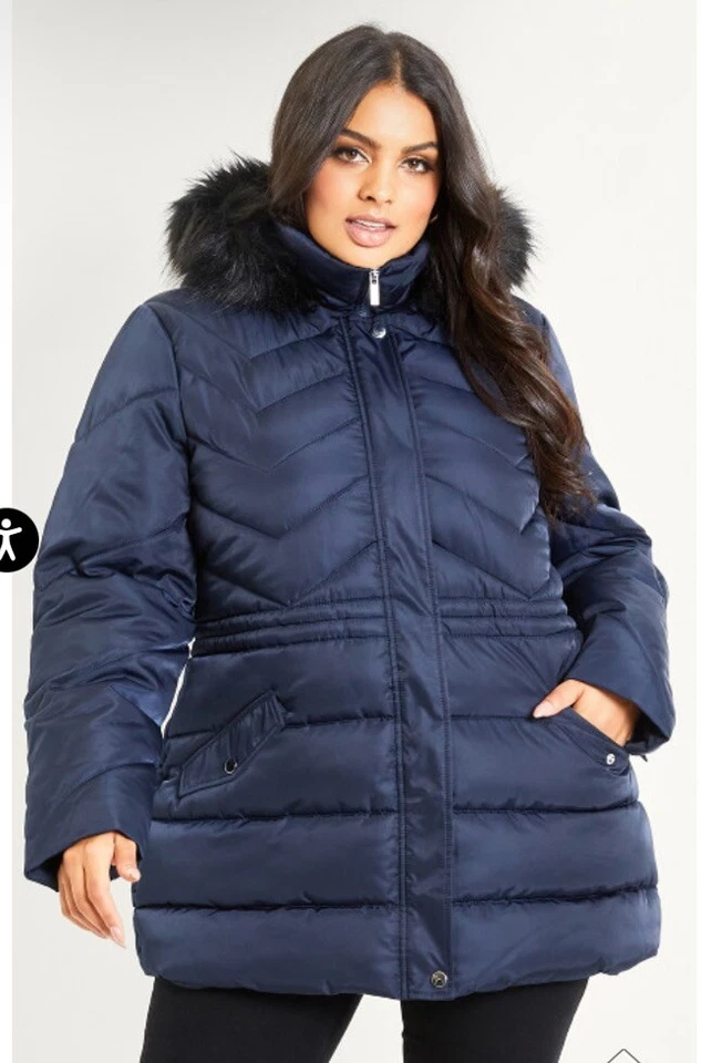 Abrigo Parka Acolchado Avenue 18 Azul Marino Piel Sintética Bolsillos Cálidos Largo Ultra Cálido Foto 2 de 4