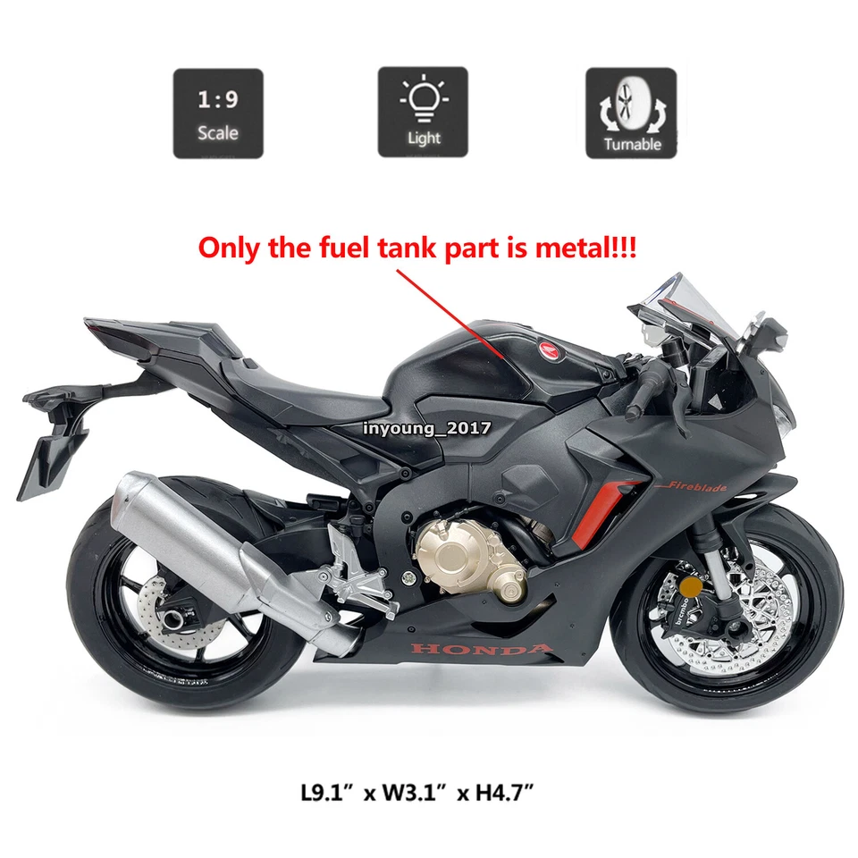 1/9 Honda CBR1000RR HRC Motorcycle Model Diecast Toy Vehicle for Kids Boys Black - Image 2 of 4