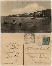 Ladispoli, Rome, Queen and Central bathing establishments, animated travelled 1910
