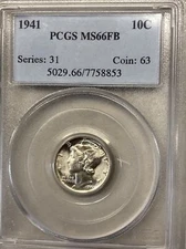 1941  .10   PCGS   MS 66 FB   Mercury, Winged, Liberty Head Dime, 