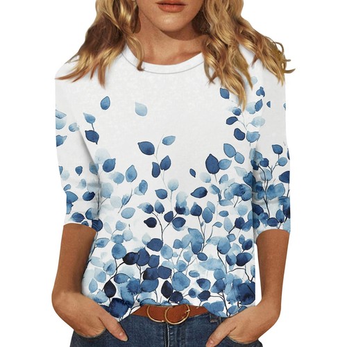 Women's Round Neck Summer Casual Ladies Print 3/4 Sleeve Tops Blouse T Shirt 8 - Picture 11 of 42