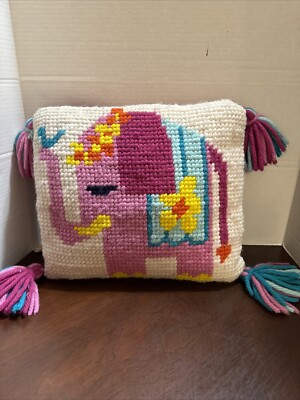 Needlepoint Pillow Hot Pink Elephant Blue Blanket 15''x13'' Colorful Tassels Tween