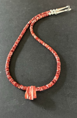 Santo Domingo Red/Orange Spiny Oyster Sterling 5mm Heishi Naja Necklace 20''