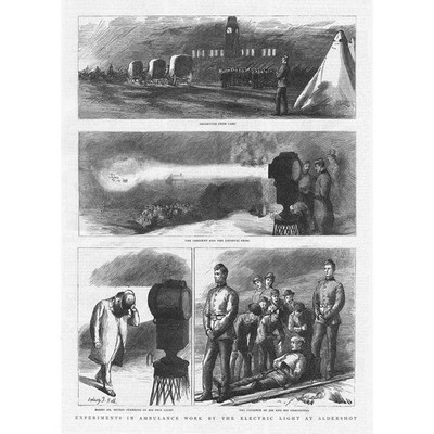 ALDERSHOT Experimente in Krankenwagenarbeiten mit elektrischem Licht - antiker Druck 1884