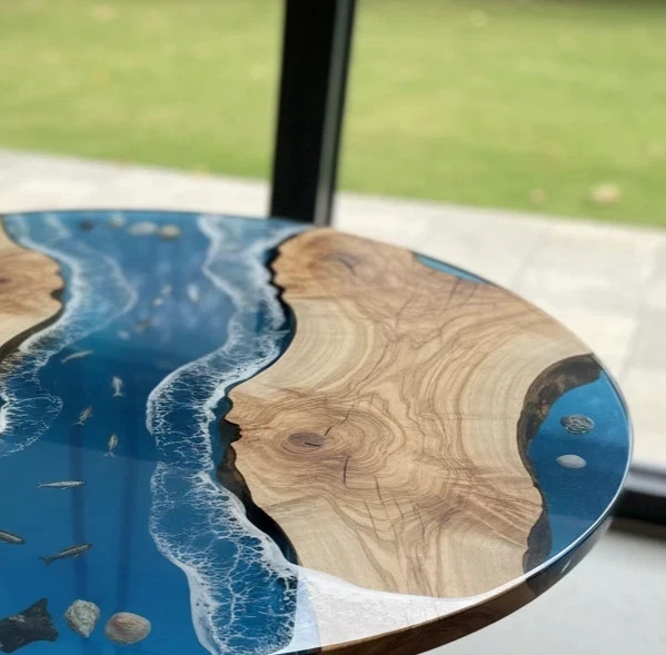 Blue Ocean Resin River Table with Epoxy Wave Effect Furniture For Cafe Decor - Image 2 of 4