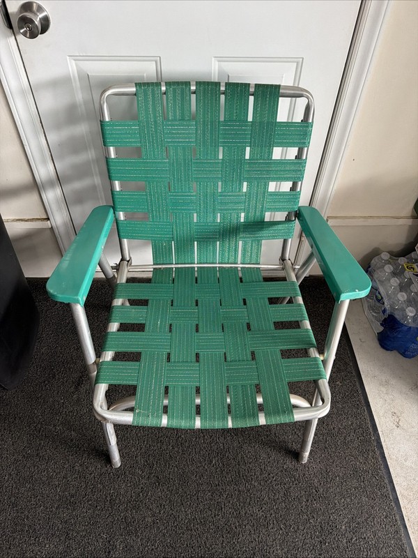 Vintage Folding Aluminum Chair Green Webbed Patio Lawn Chair Plastic Armrests