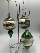 RAZ Imports Set Of 3 Christmas Ornaments Green And White Glittery Embellished 4”