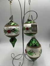 RAZ Imports Set Of 3 Christmas Ornaments Green And White Glittery Embellished 4”