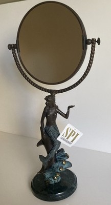 Mermaid Dolphin Mirror Brass Marble Vanity Swivel Coastal 18''H   ~ SPI 30392