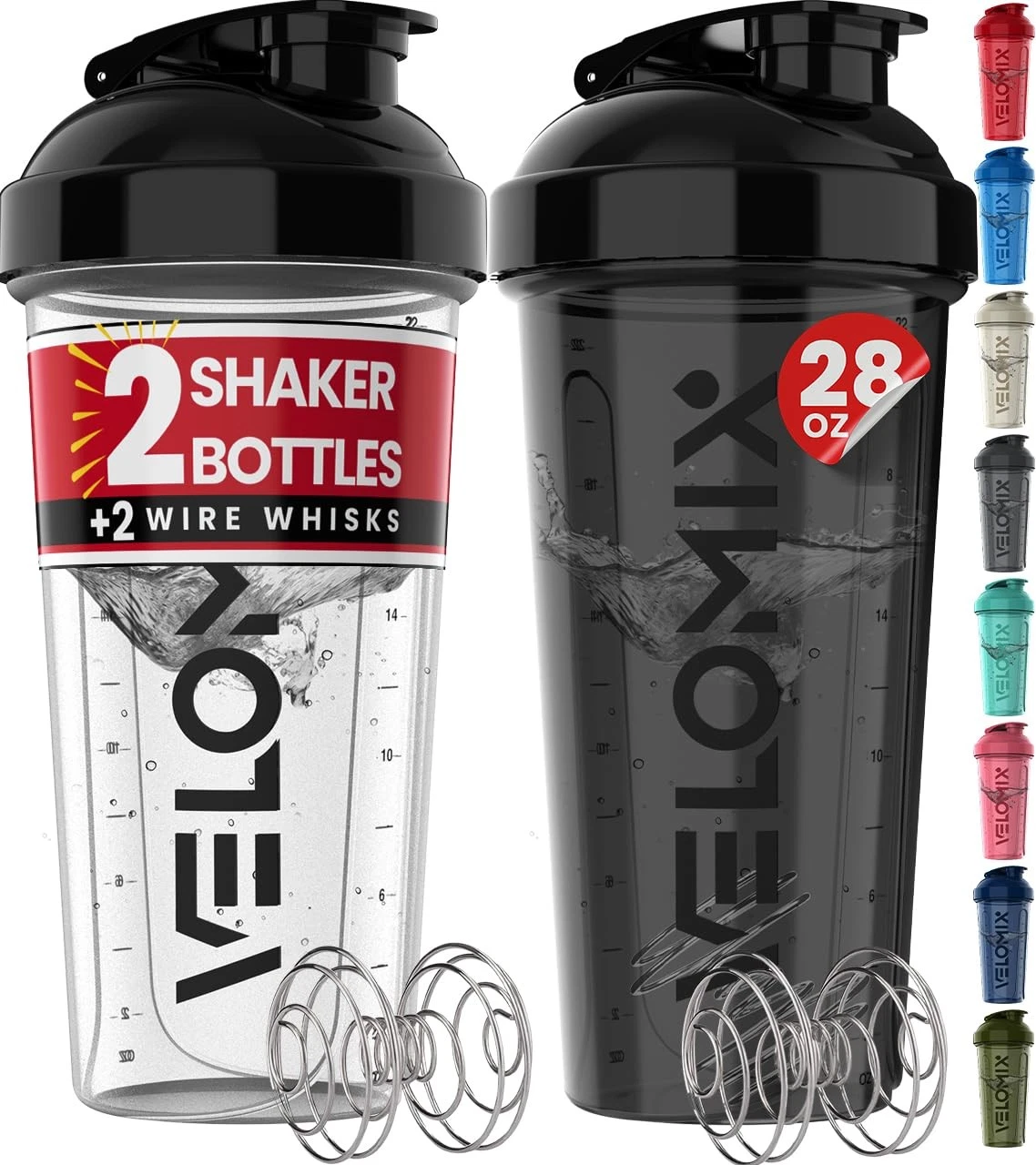 VELOMIX -2 Pack- 28 oz Protein Shaker 28 Ounces, A1) Black / Transparent
Opens in a new window or ta