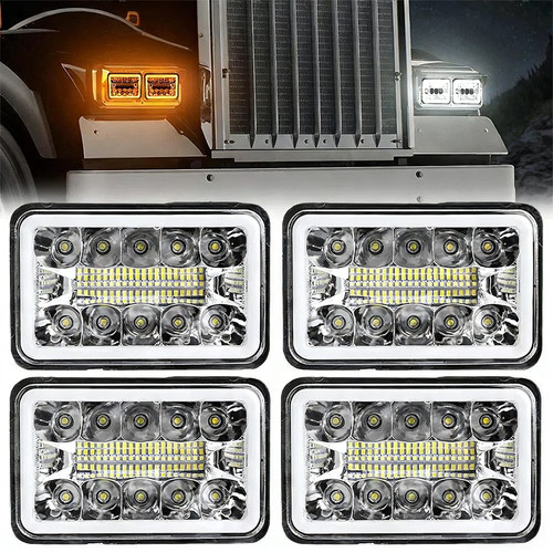 4pcs 4x6" LED Headlights Hi/Lo DRL For Kenworth T800 W900 Peterbilt 357 379 378