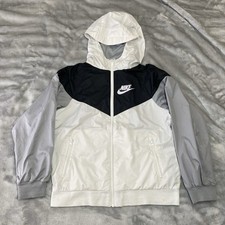 Nike Windbreaker Jacket Boys Size M White Black Grey Hooded Chevron Sporty