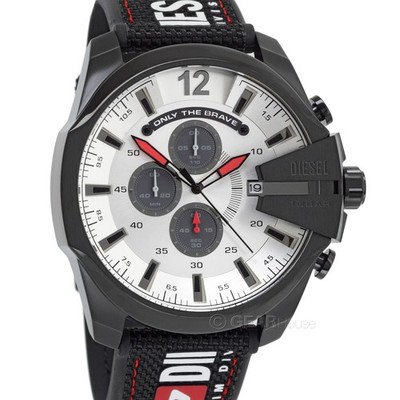 DIESEL Mega Chief Mens Chronograph Watch, Black Red White, Textile Logo Band