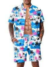 Men Hawaiian Summer Outfits Two Piece Button Down Set Coconut Tree Short Slee...