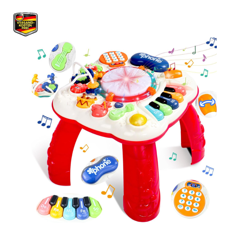 Spieltisch Rot 6 in 1 für Baby Spielzeug ab 1 Jahr mit Musik und Licht, Geschenk