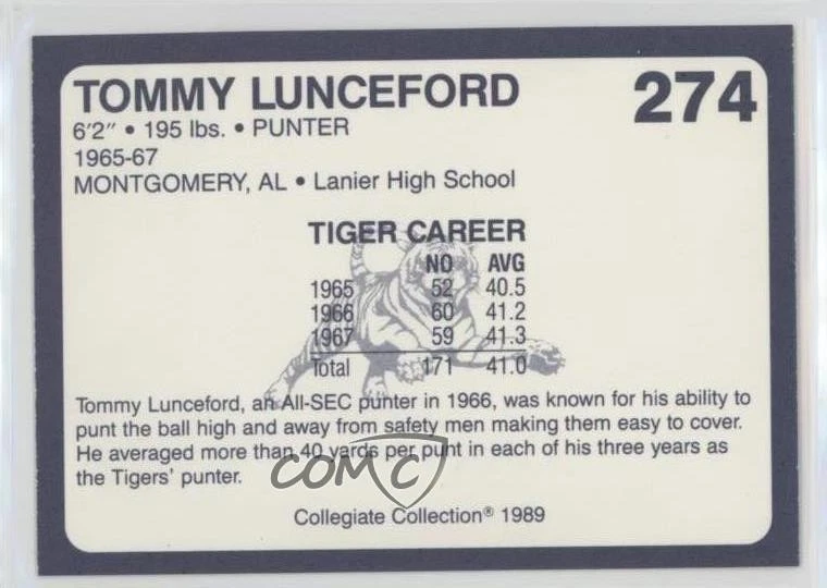 1989 Collegiate Collection Auburn Tigers Tommy Lunceford #274 - Image 2 of 2