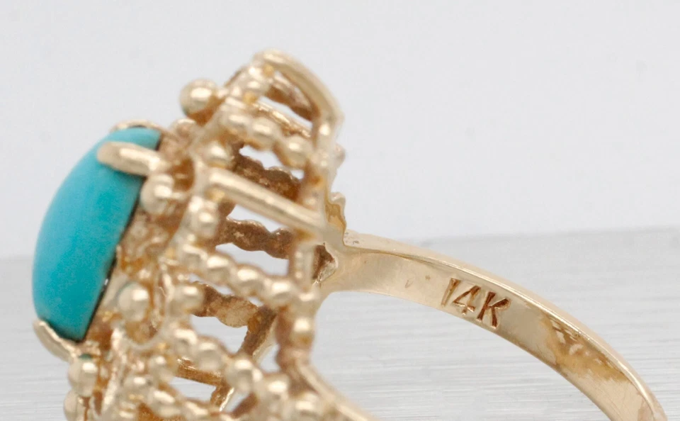 Anillo de cóctel turquesa cabujón marquesa vintage - oro amarillo de 14 k - talla 5,75 Foto 4 de 4