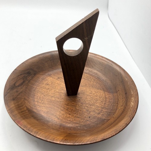 Vintage MCM Solid Black Walnut Bowl 12" and 8" Walnut Dish with Handle - Picture 9 of 12