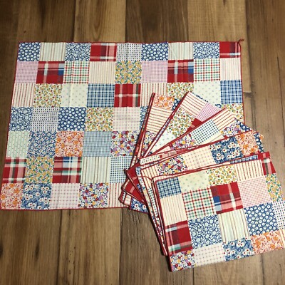 Set 6 Vintage Calico Ditsy Print Gingham Patchwork Napkins Red Blue Rectangular