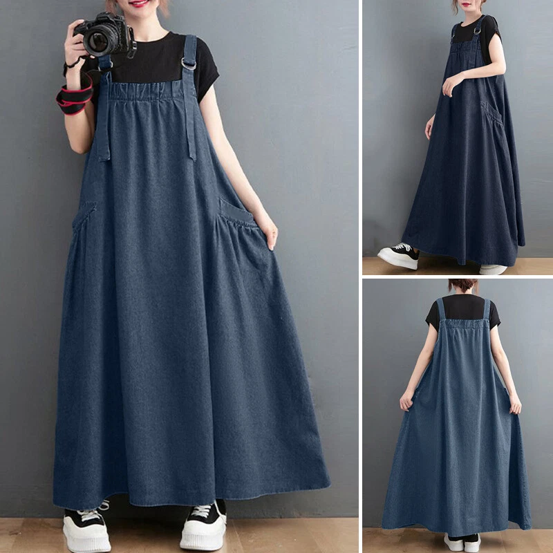 UK Womens Casual Strap Denim Pinafore Dress Long Maxi Dungaree Dresses Plus  Size