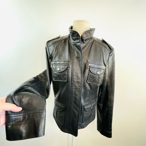 Kenneth Cole New York Size M 12 Black Leather Zip Front 4 Pocket Jacket Designer - 第 11/24 張圖片
