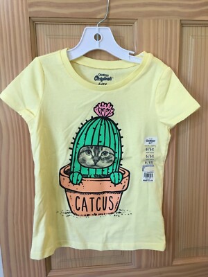 NWT Oshkosh Catcus Shirt Top Girls Short Sleeve yellow Kitty Cat 4/5,6/6X,10/12