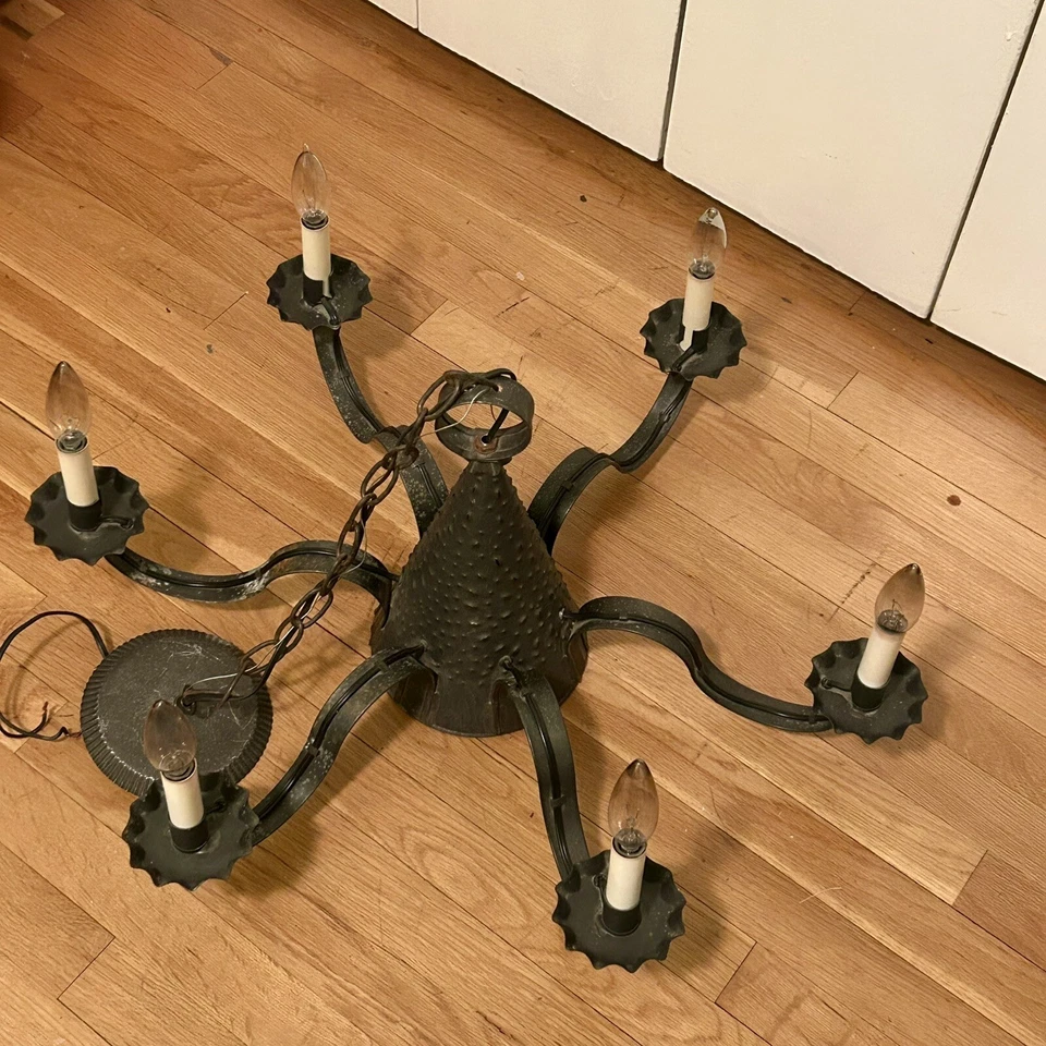 VTG HTF Punched Tin Witch Hat 6 Arm Chandelier Light Fixture With Light Bulbs - Image 3 of 4